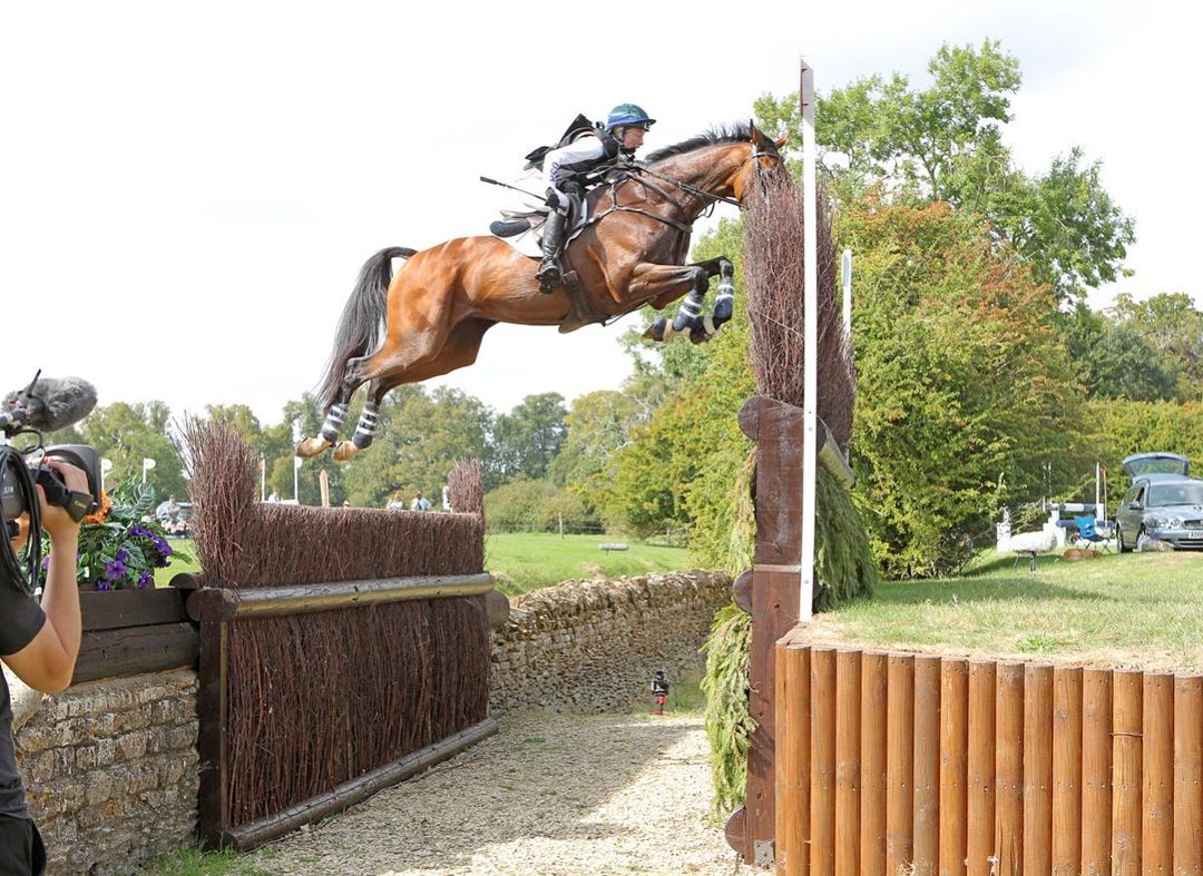 Cornelia Dorr riding a bay horse jumping a Weldon's Wall