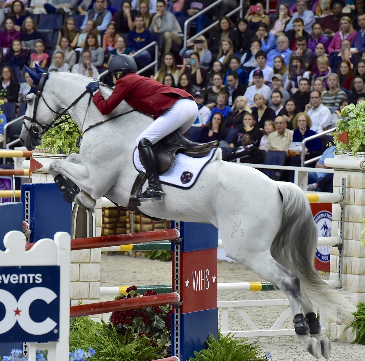 Kim Prince riding a gray horse over an oxer.