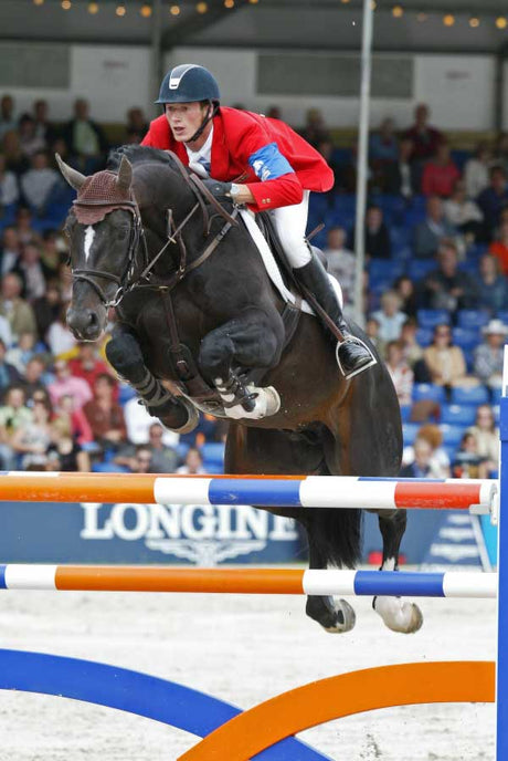 Daniel Deusser riding a dark bay horse over a vertical fence.