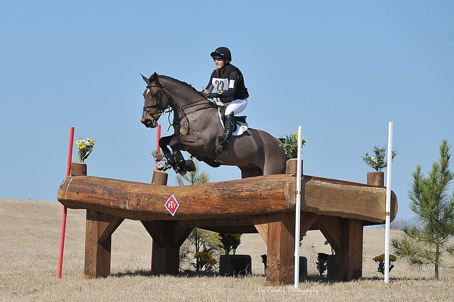 Jill Thomas-Smith on a dark bay horse jumping a table 