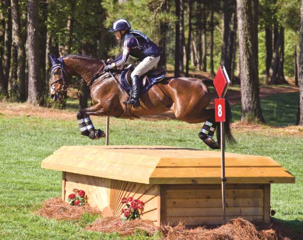 Hawley Bennet-Awad riding a bay horse over a table jump