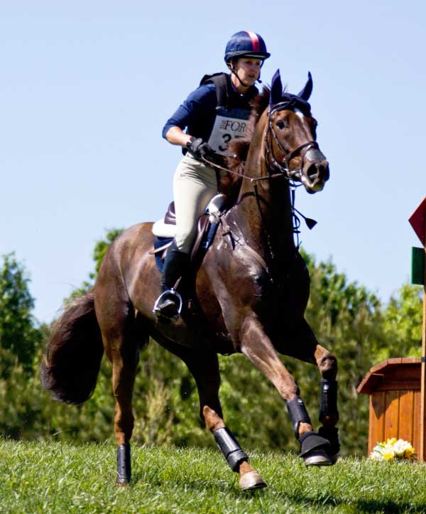 Allison Springer on a dark bay horse as they approach a cross country obstacle during an eventing competition.