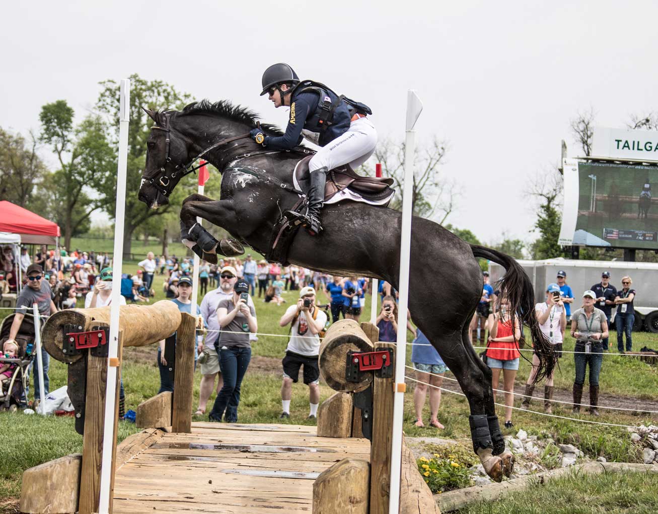 Kim Severson on a dark bay horse jumping the bridge at Rolex Kentucky Three-Day Event.