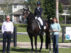 Allison Brock (mounted) and Rosevelt, with owner Fritz Kundrun (left) and Robin Moore of World Equestrian Brands at the 2013 WEF Dressage Classic CDI-3*.