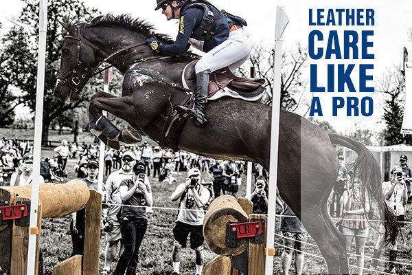 Graphic for leather care like a pro article showing a rider on a dark bay horse jumping a cross country obstacle