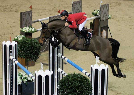 Pius Schwizer riding a dark bay horse over an oxer.