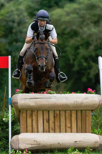 Jeanette Brakewell on dark bay horse jumping a skinny cross country obstacle.