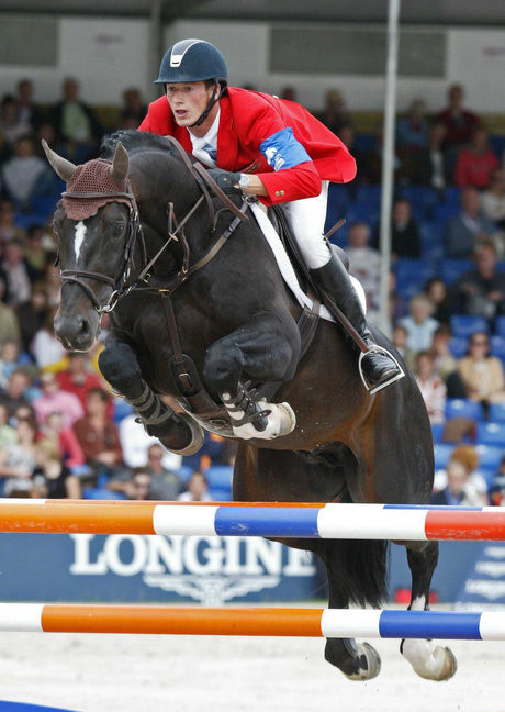 Daniel Duesser on a dark bay horse jumping a large vertical in a show jumping competition